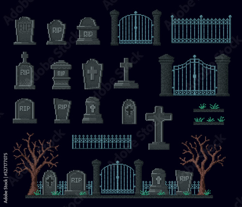 Cemetery 8bit pixel game assets, gravestone, fence, graveyard and Halloween vector, landscape. 8 bit pixel art game or video arcade assets of Halloween night tombstone and graves with fence gates
