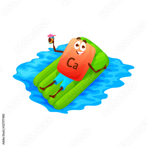 Cartoon calcium micronutrient character on air mattress. Vector Ca pill with cocktail Relax on floater in swimming pool or sea. Vitamin personage relax on tropical resort, happy ocean vacation
