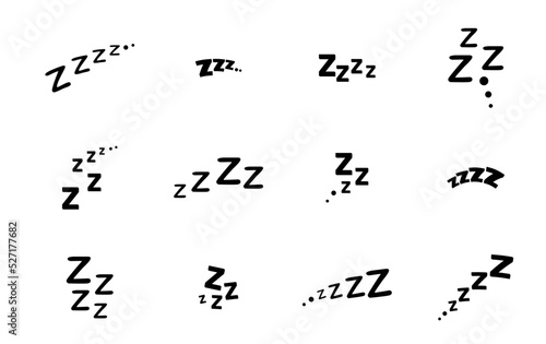 Zzz, Zzzz bed sleep snore icons, snooze nap Z sound vector effect. Sleepy yawn or insomnia sleeper text and alarm clock Zzz line icons of goodnight deep sleep, bored or tired and standby symbols