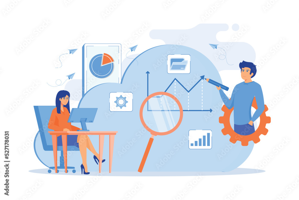 Developers drawing chart, monitoring applications. Computing resourses, operaing data and services, cloud technology organization and management concept. flat vector modern illustration