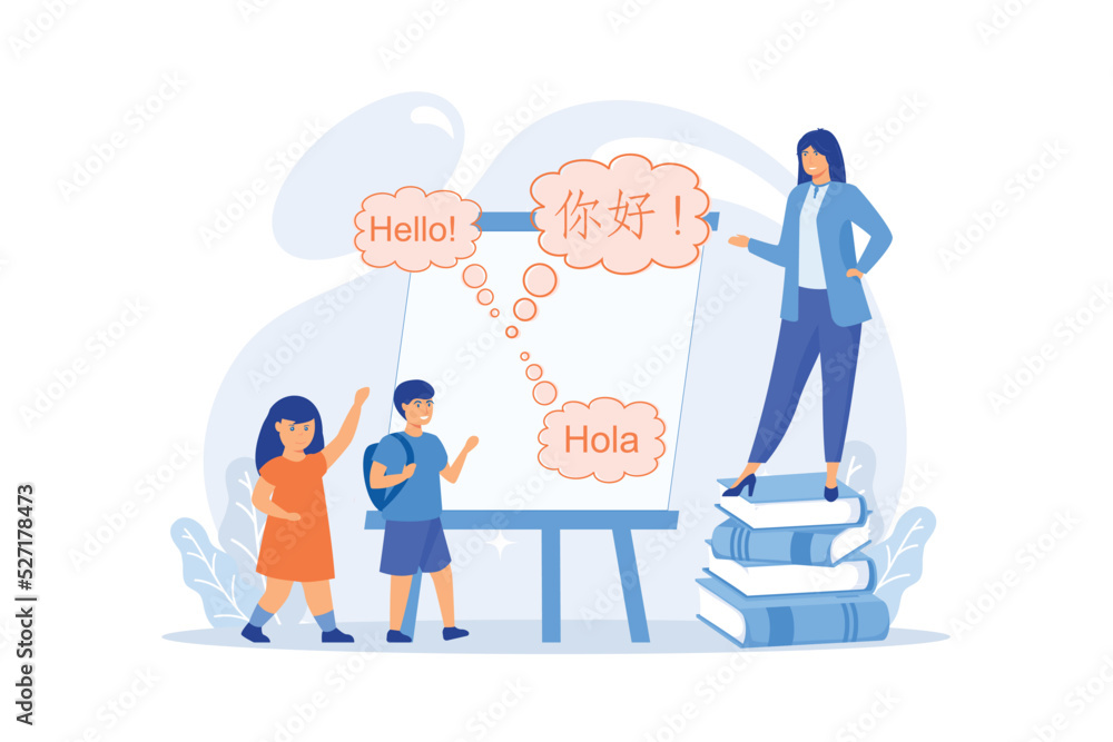 Tiny people, teacher and kids in camp learning English and Chinese. Language learning camp, summer language program, learn foreign languages concept. flat vector modern illustration Tiny people, teacher and kids in camp learning English and Chinese. Language learning camp, summer language program, learn foreign languages concept. flat vector modern illustration