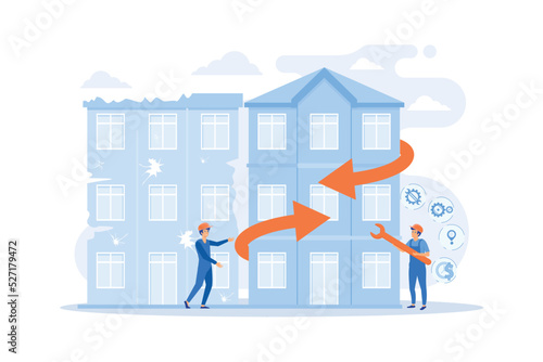 Residential house reconstruction, city renovation. Old buildings modernization, building up service, construction modernization solutions concept. flat vector modern illustration
