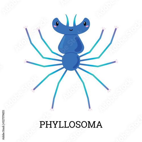 Cute blue phyllosoma cartoon character flat style, vector illustration