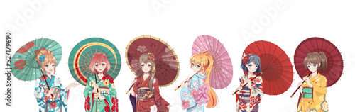 Group of anime manga girls in kimono holding paper umbrella photo