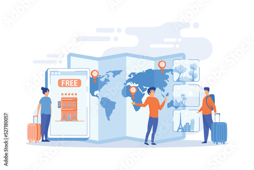Tourist agency mobile app. Worldwide sightseeing tours. Hospitality and travel clubs, join travelers community, free homestay arrangement concept. flat vector modern illustration