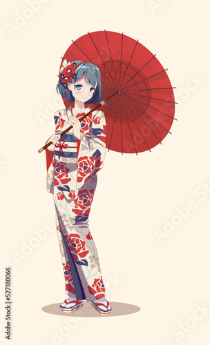 Photo Anime manga girls in kimono holding paper umbrella