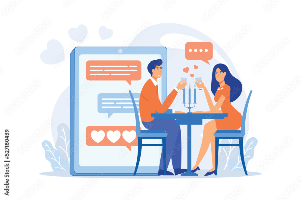 Man and woman using online dating app on smartphone and meeting at table, tiny people. Blind date, speed dating, online dating service concept. flat vector modern illustration Man and woman using online dating app on smartphone and meeting at table, tiny people. Blind date, speed dating, online dating service concept. flat vector modern illustration