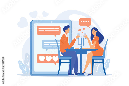 Man and woman using online dating app on smartphone and meeting at table, tiny people. Blind date, speed dating, online dating service concept. flat vector modern illustration