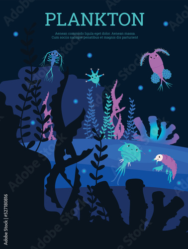 Plankton underwater world banner or poster design flat vector illustration.