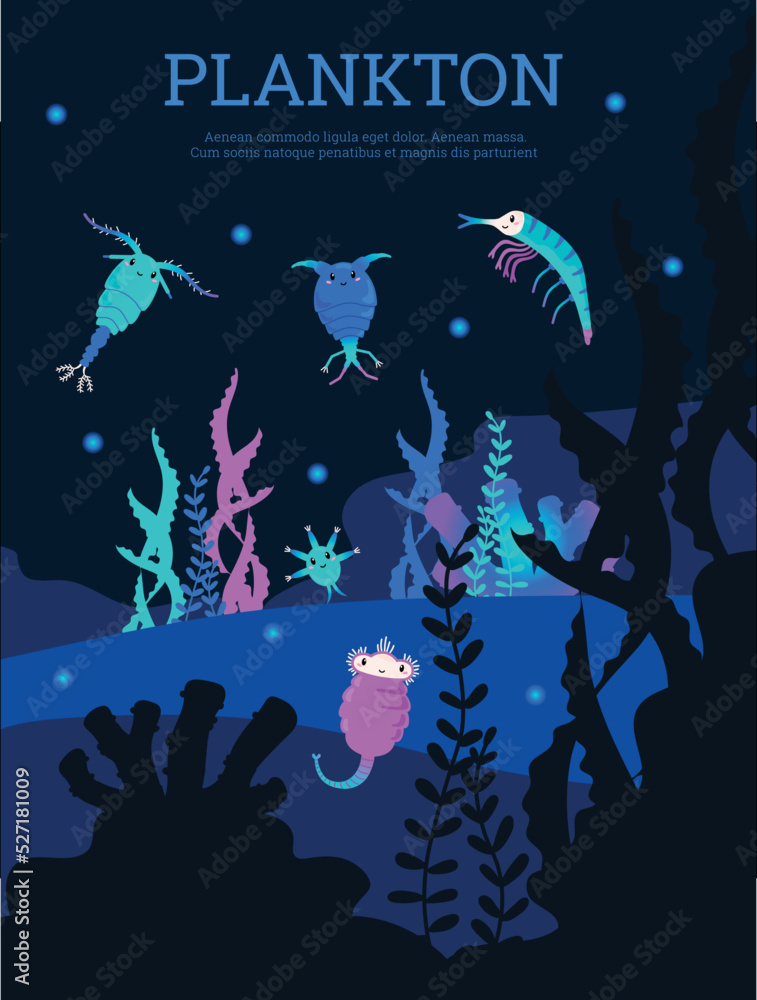 Plankton vibrant colors background or banner template, flat vector illustration.