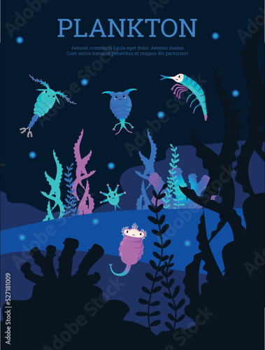 Plankton vibrant colors background or banner template, flat vector illustration.