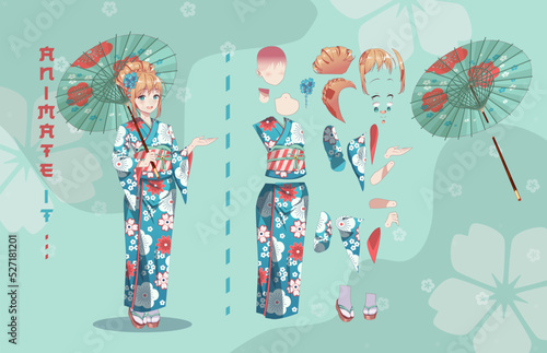 Anime girl in kimono with umbrella characters for animation