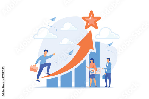 Successful businessman running up the career stairs and rising arrow to a star. Career growth, careerbuilder, career development concept. flat vector modern illustration