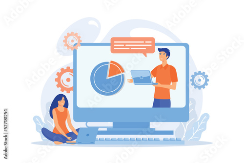 Student with laptop and lector at the LCD screen. Webinar, web seminars, webcasts, and peer-level web meetings. Modern education and collaborative sessions concept. flat vector modern illustration