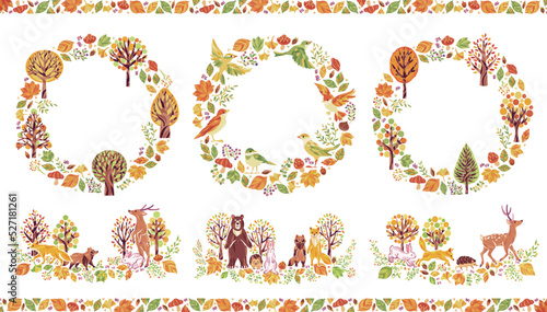 秋の紅葉・落ち葉・小鳥・動物のイラストフレームセット