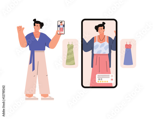 Woman using augmented reality during shopping, flat vector illustration isolated on white background.