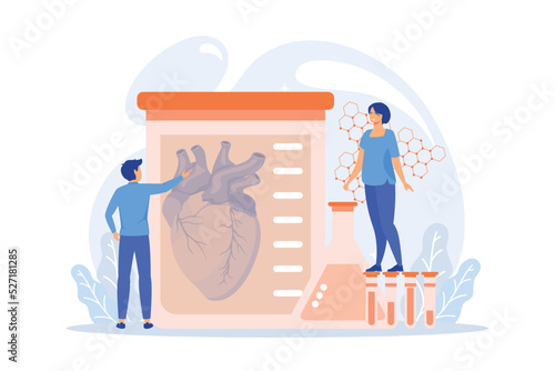 Scientists growing big heart in test tube in laboratory. Lab-grown organs, bioartificial organs and artificial organ concept on white background. flat vector modern illustration