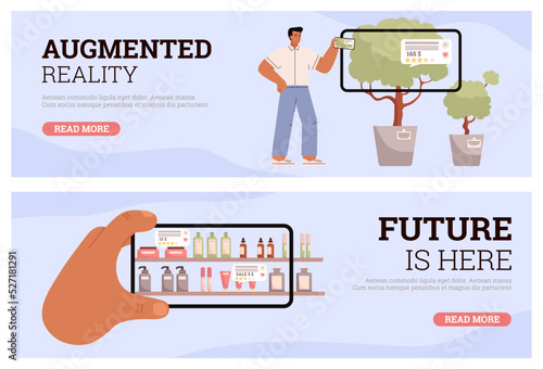 Augmented reality web banners set, people looking at real world through smartphone innovations, vector illustration.