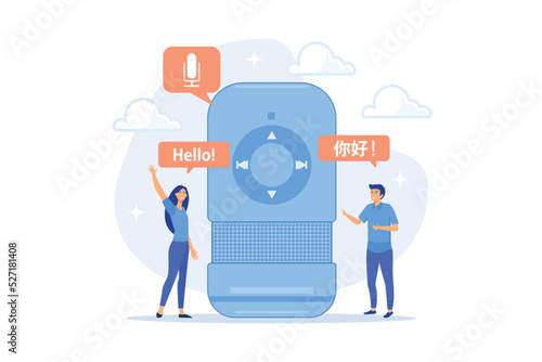 Voice assistant translating into foreign languages. Voice activated digital assistants, smart speaker language support, internet of things concept. flat vector modern illustration