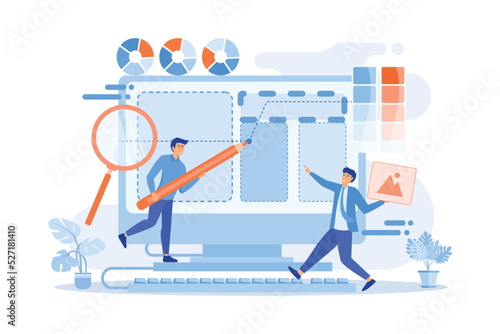 Designers are working on the desing of web page. Web design, User Interface UI and User Experience UX content organization. Web design development concept.flat vector modern illustration