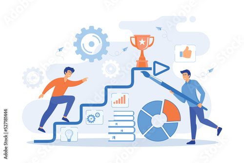 A man running up to the hand drawn stairs as a concept of coaching, business training, goal achievment, success, progress, carreer ladder, pinkish coral blue palette. flat vector modern illustration
