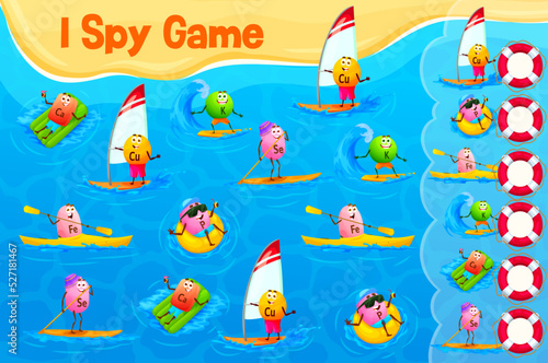 I spy game, cartoon vitamin and mineral characters on beach vacation vector worksheet. Kids puzzle quiz and math game with funny pills of multivitamins swimming, riding surfboard, boat and paddleboard