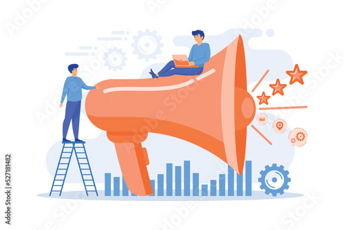 Businessman with megaphone promote media icons. Sales promotion and marketing, pomotion strategy, promotional products concept on white background. flat vector modern illustration