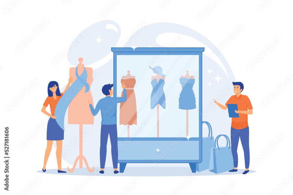 Designer team working on new clothes collection and piece of cloth on mannequin. Fashion industry, clothing style market, fashion business concept. flat vector modern illustration - obrazy, fototapety, plakaty 