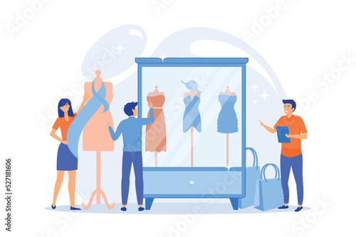 Designer team working on new clothes collection and piece of cloth on mannequin. Fashion industry, clothing style market, fashion business concept. flat vector modern illustration