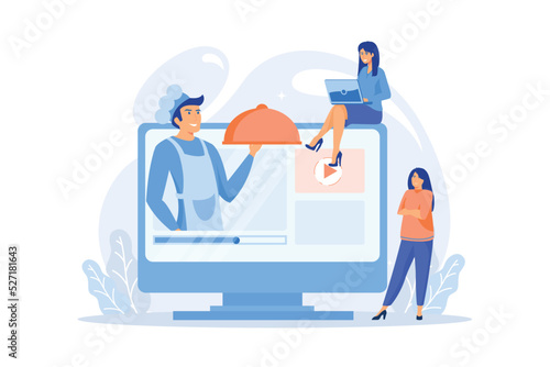 Professional chef holding dish on video and users watching food blog with recipes. Food blogging, food hunter review, foodie blog concept. flat vector modern illustration