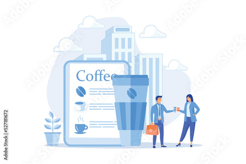 Businessmen drinking take away coffee at huge paper coffee cup and beans. Take away coffee, on the go drink, take away business concept. flat vector modern illustration
