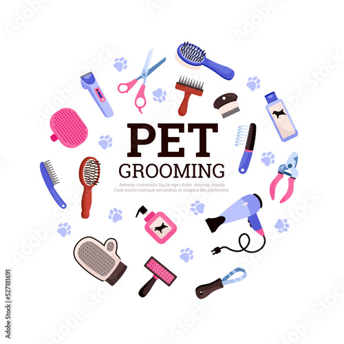 Set of tools for pet grooming in round shape flat style