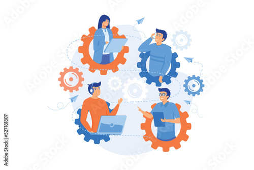 IT team members working as one mechanizm. Dedicated team - software development professionals engaged to the IT project. Business model in IT concept. flat vector modern illustration