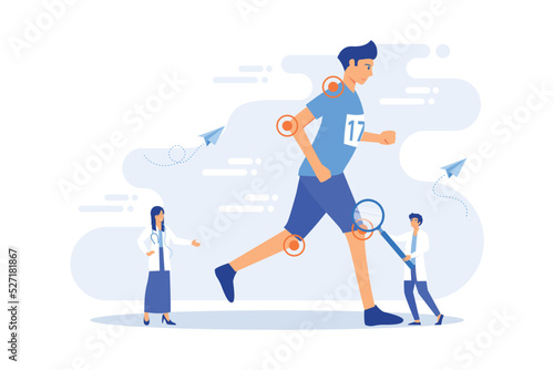 Athlete running and tiny people physicians treating injuries. Sports medicine, sports medical services, sports physician specialist concept. flat vector modern illustration