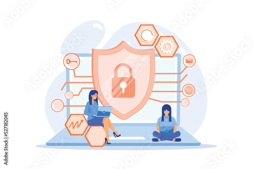 Privacy engineer at laptop with shield improving level of systems privacy. Privacy engineering, privacy-centric model, personal data defence concept. flat vector modern illustration