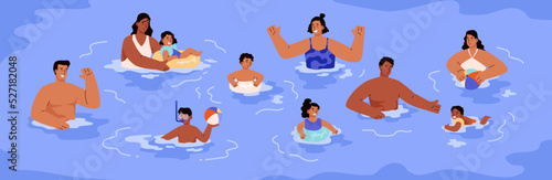 Sea water or swimming pool background with people, flat vector illustration