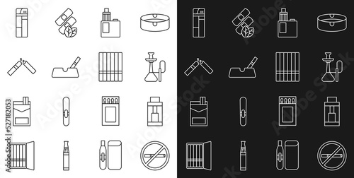 Set line No smoking, Vape mod device, Hookah, Ashtray with cigarette, Broken, Lighter and Cigarette icon. Vector