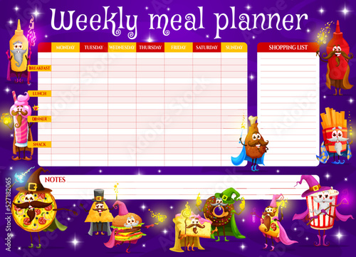 Weekly meal planner. Fast food cartoon wizard and mage characters diet food menu plan vector template. Meal schedule, shopping list and notes with burger, pizza, fries and chicken leg, donut and cake
