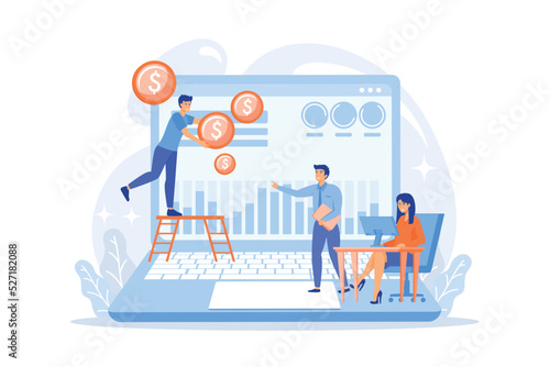Tiny business people and analysts transforming data into money. Data monetization, monetizing of data services, selling of data analysis concept. flat vector modern illustration