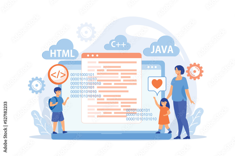 Tiny people, happy kids learning programming on huge laptop. Computer programming camp, computer science camp, cuber education course concept. flat vector modern illustration Tiny people, happy kids learning programming on huge laptop. Computer programming camp, computer science camp, cuber education course concept. flat vector modern illustration