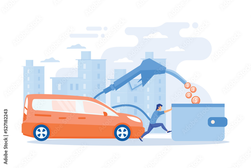People loosing money by using gas fuel cars. Gas mileage, fuel saving and efficient green eco friendly engine technology concept. flat vector modern illustration