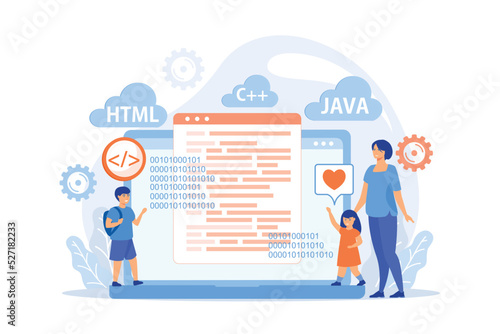 Tiny people, happy kids learning programming on huge laptop. Computer programming camp, computer science camp, cuber education course concept. flat vector modern illustration