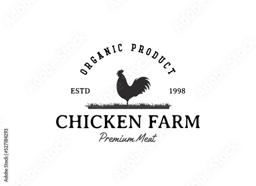 chicken farm logo vector illustration design, rooster on fence vintage logo design