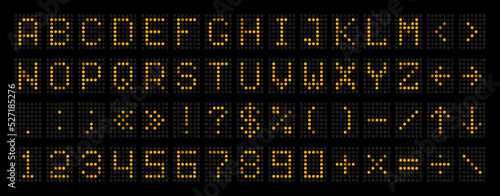 Scoreboard font, LED board alphabet or airport display type letters, vector digital panel. Scoreboard font with numbers of electric led dots, score board or electronic timetable type with lamp digits