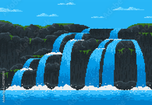 8 bit pixel game waterfall cascade landscape for video arcade level, vector background. 8bit water fall from mountain rock to sea or ocean, island adventure pixel game cartoon waterfall landscape