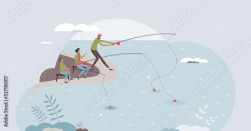 Family fishing scene with father, mother and kid together tiny person concept. Lake or river leisure activity with outdoor recreation sport vector illustration. Relationship bonding holiday weekend.