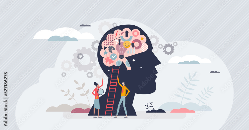 Genius and smart scientist with bright and talented mind tiny person concept. Academical knowledge brain with creative skills vector illustration. Brilliant mind with logic wisdom and good memory. - obrazy, fototapety, plakaty 