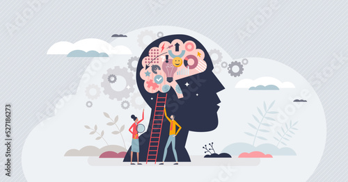 Genius and smart scientist with bright and talented mind tiny person concept. Academical knowledge brain with creative skills vector illustration. Brilliant mind with logic wisdom and good memory.