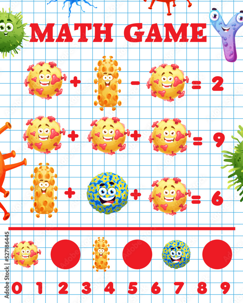 Cartoon virus and microbe characters. Math game worksheet for children,  school mathematics skills development. Vector quiz riddle for kids  education with cute germ, virus, microbe and bacteria Stock Vector | Adobe  Stock