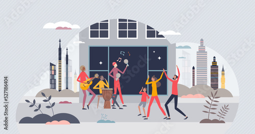 Street music and urban performance in city with band tiny person concept. Artistic show with singing and drums playing as fun outdoor event for pedestrians vector illustration. Corner jam atmosphere.